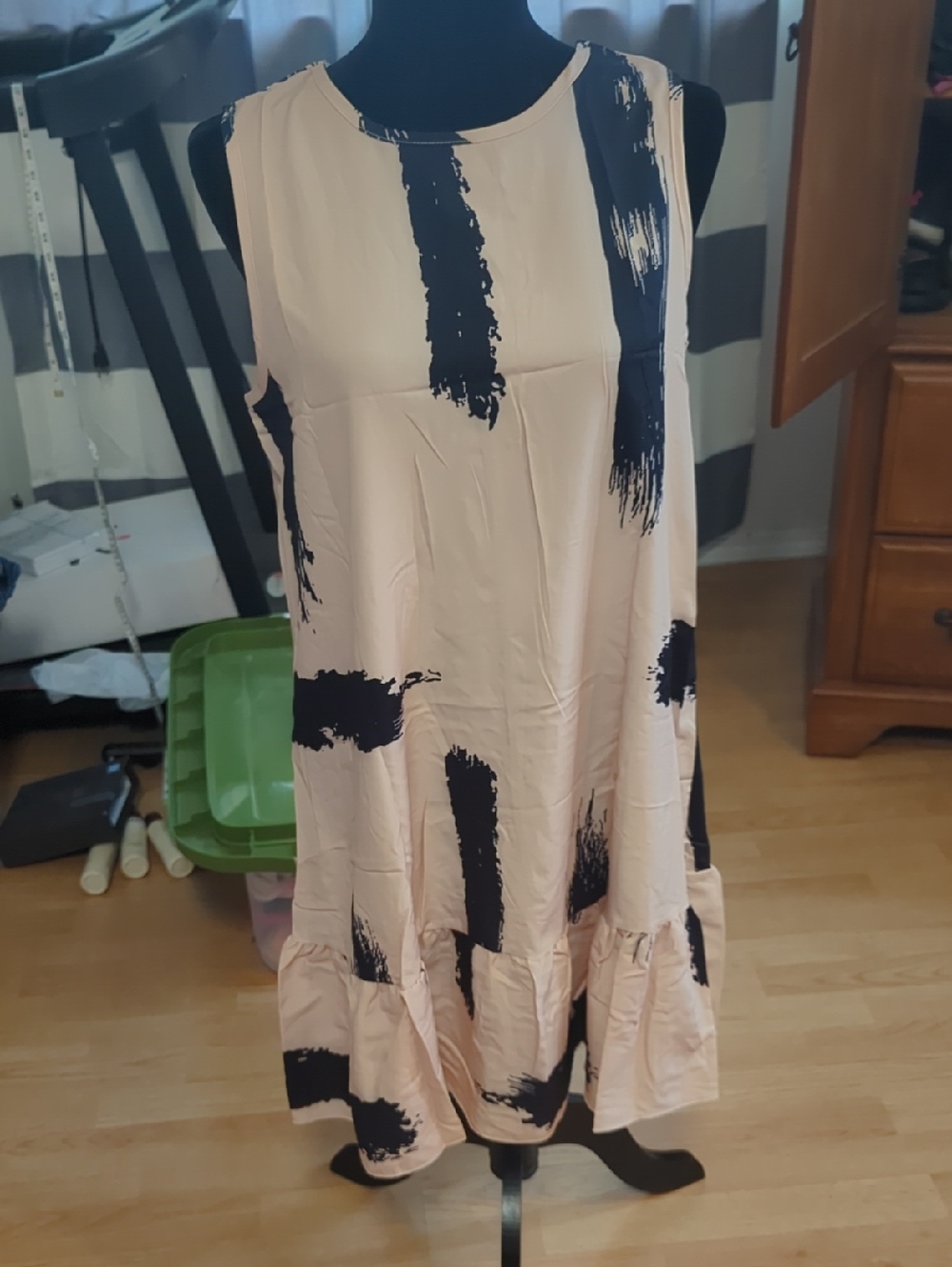 Sleeveless Beige Dress with Black Brushstroke Print